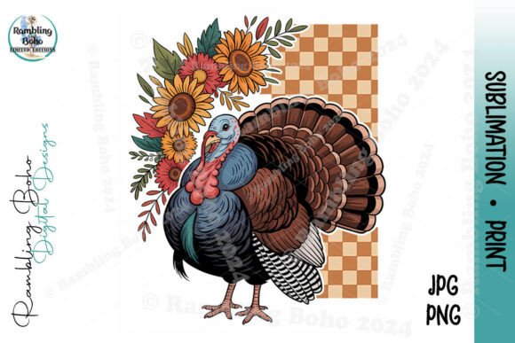 Fall Turkey Checkerboard Flowers Graphic: A Seasonal Design Essential